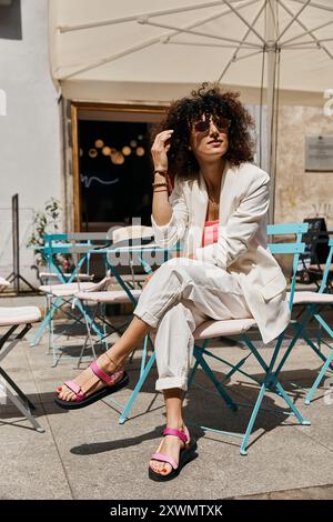 Une femme élégante dans une tenue blanche se trouve dans un café en plein air. Banque D'Images