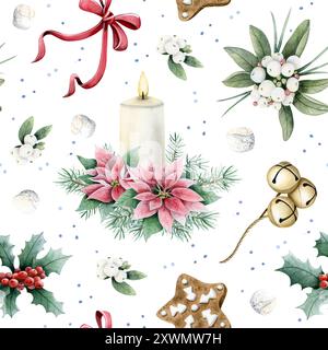 Motif sans couture de Noël avec des bougies, des fleurs de poinsettia roses et des branches de sapin en fond aquarelle de neige Banque D'Images