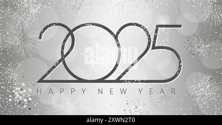 2025 silver eve. Numéros luxueux de couleur argent 2025 avec feux d'artifice pour cartes de vœux ou conception de calendrier d'affaires. Illustration vectorielle pour Noël Illustration de Vecteur