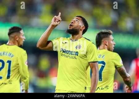 Valence, Espagne, le 19 août 2024, Arnaut Danjuma de Villarreal CF célèbre un but lors du match de football de la Liga entre Villarreal CF et l'Atletico de Madrid le 19 août 2024 au stade la Ceramica de Valence, Espagne Banque D'Images