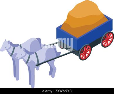 Deux chevaux tirent un chariot en bois rempli de sable Illustration de Vecteur