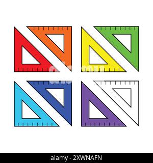 Ensemble de règles triangulaires de couleur vectorielle, isolé sur le fond blanc. Rouge, orange, jaune, vert, bleu clair, contour bleu, violet et noir Illustration de Vecteur