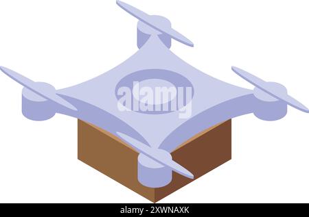 Drone livrant boîte de colis en carton avec quatre hélices vue isométrique Illustration de Vecteur