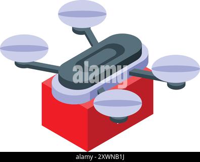 Un drone moderne à quatre hélices vole et transporte un paquet rouge Illustration de Vecteur