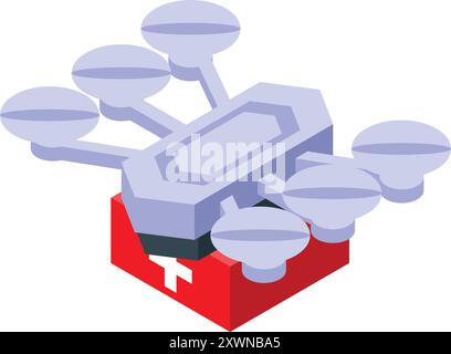 Icône isométrique d'un drone médical délivrant une trousse de premiers soins, représentant l'utilisation de la technologie moderne dans le domaine de la santé Illustration de Vecteur
