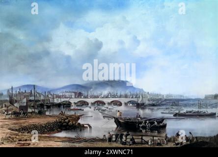 Vue du Queen's Bridge, un pont victorien en arc de pierre sur la rivière Lagan à Belfast, Irlande du Nord. Il a ouvert à la circulation en 1843 et porte le nom de la reine Victoria. Peint par l'artiste irlandais James Howard Burgess (1817-1890). Banque D'Images