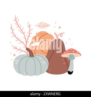 Composition de citrouilles et de champignon amanita. Jolie illustration d'automne dans des couleurs pastel. Clip de récolte d'automne Illustration de Vecteur