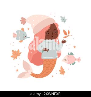 Sirène à peau foncée dans les vêtements d'automne nage avec des poissons et des feuilles d'automne. Fille d'automne mignonne. Combinaison inhabituelle. Le surréalisme. Illustration de Vecteur