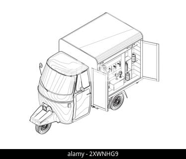 Camion d'alcool contour, bar extérieur. Vendeur de rue vendant des boissons, boissons au comptoir de caravane. Barman à la fenêtre d'une barre d'alcool mobile à roues. FLA Illustration de Vecteur