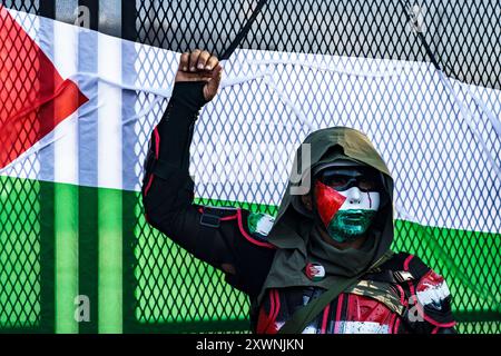 Chicago, Illinois, États-Unis. 19 août 2024. Un manifestant masqué tient le poing devant un drapeau palestinien tenu contre la clôture du périmètre de sécurité du DNC (crédit image : © Chris Riha/ZUMA Press Wire) USAGE ÉDITORIAL SEULEMENT ! Non destiné à UN USAGE commercial ! Banque D'Images