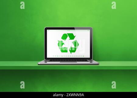 Ordinateur portable sur une étagère avec un symbole de recyclage à l'écran. concept de conservation de l'environnement. 3D illustration isolée sur fond vert Banque D'Images