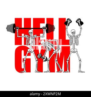 Logo Skeleton gym. Hell GYM crâne et os et sports. Homme mort sportif. Os de fitness. Squelettes et barre et kettlebell Illustration de Vecteur