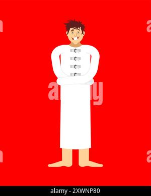 Fou en camisole de force. Psychopathe en manteau blanc. Patient en hôpital psychiatrique. Illustration de Vecteur
