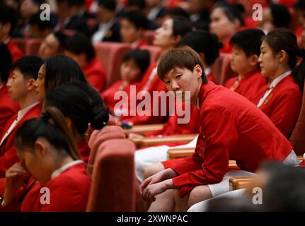 Pékin, Chine. 20 août 2024. Le joueur de tennis de table Wang Manyu assiste à la cérémonie de révision de la délégation olympique chinoise pour Paris 2024 à Pékin, capitale de la Chine, le 20 août 2024. Crédit : Song Yanhua/Xinhua/Alamy Live News Banque D'Images