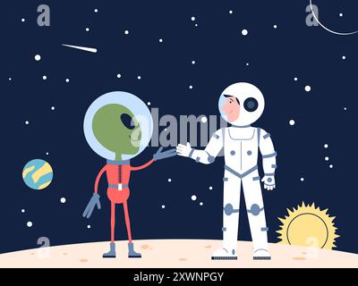 Rencontre astronaute et extraterrestre. Nouvelle amitié de style, caractère vert UFO et cosmonaute dans les costumes spatiaux se familiariser avec la scène vectorielle récente de la planète Illustration de Vecteur