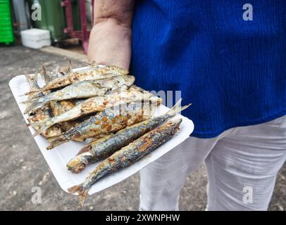 Festival de la sardine, à Candás, Asturies, Espagne. Sur le Paseo de San Antonio. C'est un festival populaire. Banque D'Images