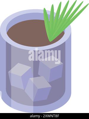 Un grand verre de café infusé à froid est servi avec de la glace et une feuille de palmier comme décoration Illustration de Vecteur
