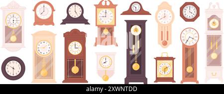 Horloges vintage de dessin animé. Horloge de style ancien avec pendule, accessoires intérieurs décoratifs en bois design antique. Jeu de vecteurs racés de montres plates Illustration de Vecteur