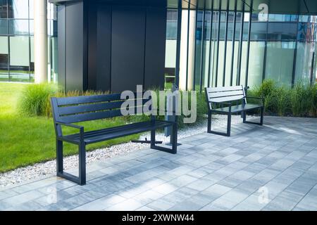 Vue en perspective du chemin pavé avec pelouse verte, herbe décorative et bancs en bois modernes devant des bacs de gabion en fil de fer et remplis de Banque D'Images