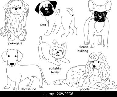 Chiens mignons de différentes races en noir et blanc des auteurs de style esquisse travaillent Illustration de Vecteur