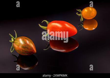 Trois variétés de tomates différentes sur une surface noire brillante avec des reflets Banque D'Images