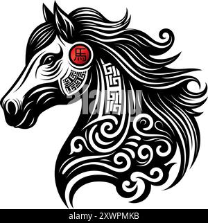 Année chinoise du cheval 2026 signe ou symbole vectoriel monochrome décoratif. Traduction : cheval Illustration de Vecteur