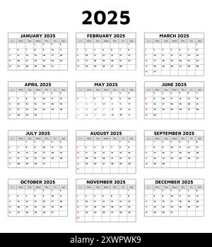 Collection imprimable de calendriers mensuels anglais pour 2025 ans. Ensemble vectoriel modifiable avec un design simple Illustration de Vecteur