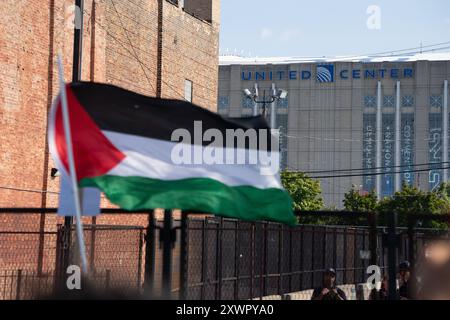 Un manifestant arbore un drapeau palestinien à la clôture autour du United Center pendant le DNC à Chicago juste avant que les manifestants ne franchissent le périmètre. Banque D'Images