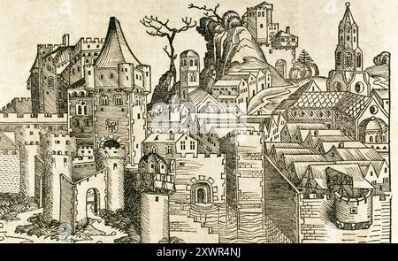 Israël. Tiberias. Cité hébraïque ordonnée d'être construite autour de l'an 20 par le roi Hérode Antipas, comme capitale de la tétrarchie hérodienne de Galilée, en l'honneur de l'empereur romain Tibère. Liber Chronicarum, de Hartmann Schedel (1440-1514), 1493. Illustrations de Michael Wolgemut (1434-1519) et Wilhelm Pleydenwurff (1460-1494). Gravure. Banque D'Images