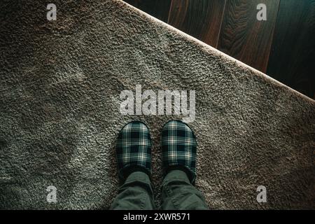 Une vue rapprochée des pieds d'une personne portant des pantoufles à carreaux bleues et vertes debout sur un tapis brun texturé, illustrant le confort et la convivialité en V. Banque D'Images