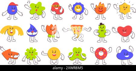 Mascottes de dessin animé de forme abstraite mignonnes. Personnages caricaturaux anthropomorphes avec expressions faciales et gestes de la main, formes ludiques poses pour les enfants Illustration de Vecteur