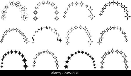 Arche étoilée. Arc-en-ciel étoilé magique, courbe minimaliste de constellations scintillantes de doodle et arcs d'étoiles étincelants décoratifs ensemble vectoriel dessiné à la main Illustration de Vecteur