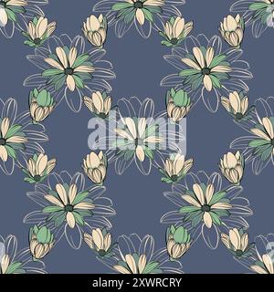 Motif floral sans couture avec des fleurs beiges et vertes sur une illustration vectorielle de fond gris Illustration de Vecteur