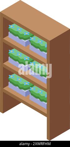 L'étagère en bois affiche plusieurs plantes en pot identiques avec des fleurs bleues sur chaque étagère Illustration de Vecteur