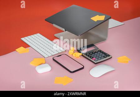 Appareils de bureau avec des notes adhésives de bureau en forme de flèches. Vue isométrique du tableau de couleur rose pêche. Vue isométrique. Vider l'arrière-plan propre. Di Banque D'Images