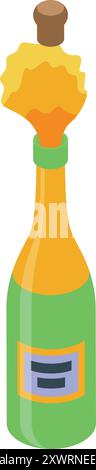 Bouteille de champagne verte éclatant son liège, avec des confettis dorés éclatant du dessus Illustration de Vecteur