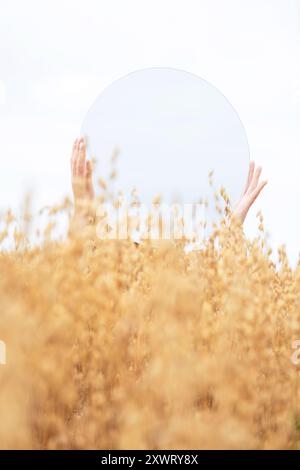 Concept de nature, états d'esprit et concept de mystère. Mains de femme tenant un miroir parmi le blé doré, reflétant le ciel. L'image contient du bruit et des moti Banque D'Images