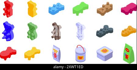 Jeu d'icônes d'ours gelés. Délicieux assortiment d'ours en gomme est présenté dans différentes couleurs, formes et emballages, mettant en valeur les friandises sucrées Illustration de Vecteur