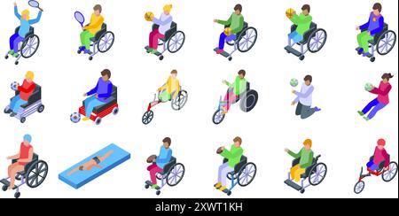 Jeu d'icônes de fauteuil roulant d'athlète. Personnes handicapées jouant des sports et appréciant le style de vie actif basket-ball en fauteuil roulant tennis nage handisport concept Illustration de Vecteur