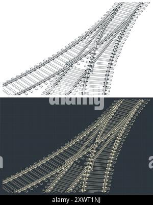 Illustrations vectorielles stylisées de dessins techniques isométriques d'une fourche dans les voies ferrées Illustration de Vecteur