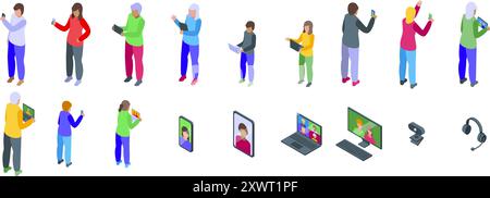 Communique à distance les icônes de famille définies. Des personnes d'âges et de professions différents utilisent des smartphones, des tablettes, des ordinateurs portables et des ordinateurs pour la vidéoconférence, l'éducation en ligne et le chat Illustration de Vecteur