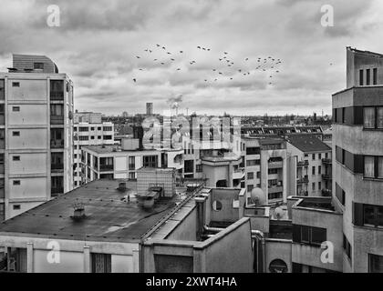 Une photographie en noir et blanc capturant le paysage urbain de Berlin Kreuzberg. L'image montre des immeubles de grande hauteur sous un ciel nuageux avec des oiseaux volant, évoquant un sentiment de mélancolie et de réflexion. Banque D'Images