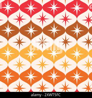 Mi-siècle rétro Starbursts sur motif sans couture ogée en rouge, orange, marron et ambre. Pour le papier peint, le tissu et la décoration intérieure Illustration de Vecteur