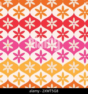 Fleurs colorées rétro sur Mid Century Ogee Ovals Seamless Pattern en orange, jaune, rose et rouge. Pour papier peint, tissu et décoration d'intérieur Illustration de Vecteur