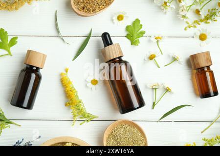 Teintures en bouteilles et différentes herbes médicinales sur table en bois blanc, pose à plat Banque D'Images