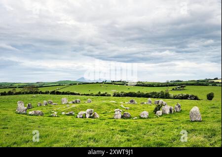 Le cercle de pierre préhistorique Ballynoe. Downpatrick (Irlande du Nord). Néolithique à l'âge du Bronze. Alignés derrière les montagnes de Mourne Banque D'Images