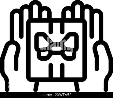 Personne tenant la boîte-cadeau enveloppée avec ruban noeud icône de contour minimaliste Illustration de Vecteur