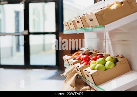 Étagères affichant des produits biologiques en vrac et des fruits et légumes fraîchement récoltés dans un magasin bio-alimentaire. Boîtes remplies de produits sans pesticides cultivés localement placées sur des étagères dans un magasin respectueux de l'environnement. Banque D'Images