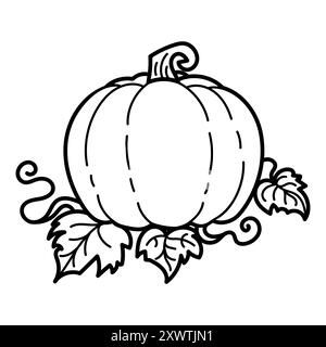 Illustration vectorielle en noir et blanc d'une citrouille avec des feuilles, parfaite pour les dessins sur le thème de l'automne ou d'Halloween Illustration de Vecteur