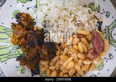 Un plat fait maison à São Paulo, Brésil. Avec haricots blancs et Calabresa et riz et bœuf. Cuisine brésilienne Banque D'Images